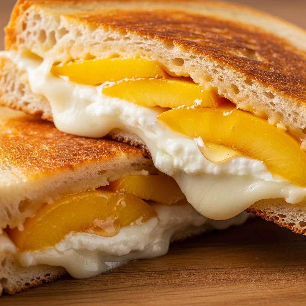 Macro close-up of a golden honey peach and white cheddar grilled cheese sandwich, cut in half on a rustic wooden board, showing gooey cheese and peaches.