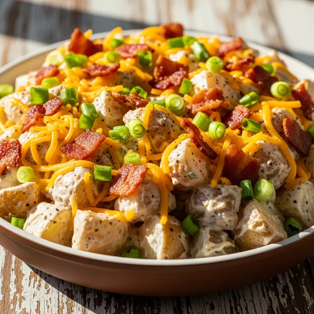 Creamy Loaded Baked Potato Salad in a rustic bowl, garnished with sharp cheddar, crispy turkey bacon, and fresh green onions.