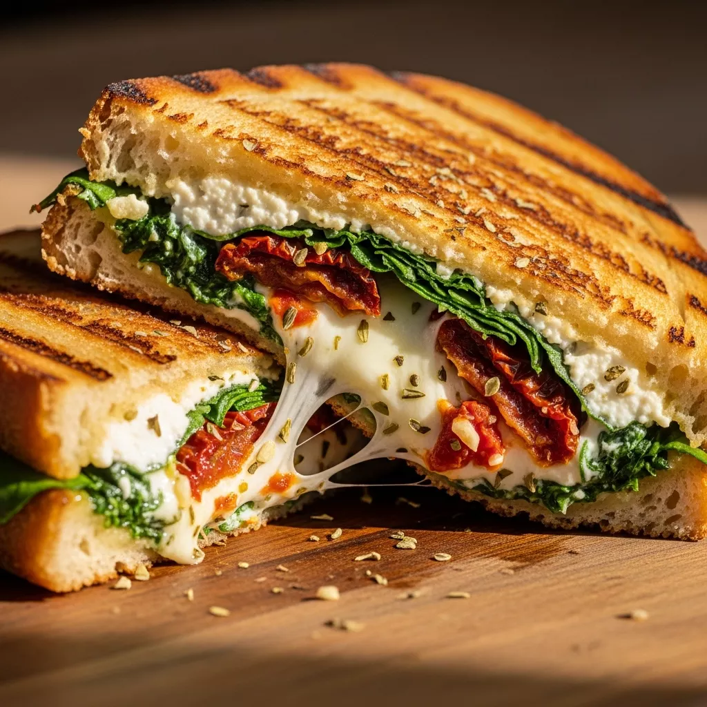 Macro close-up of a gourmet sun-dried tomato spinach ricotta grilled cheese melt, cut in half with a gooey cheese pull and visible filling.