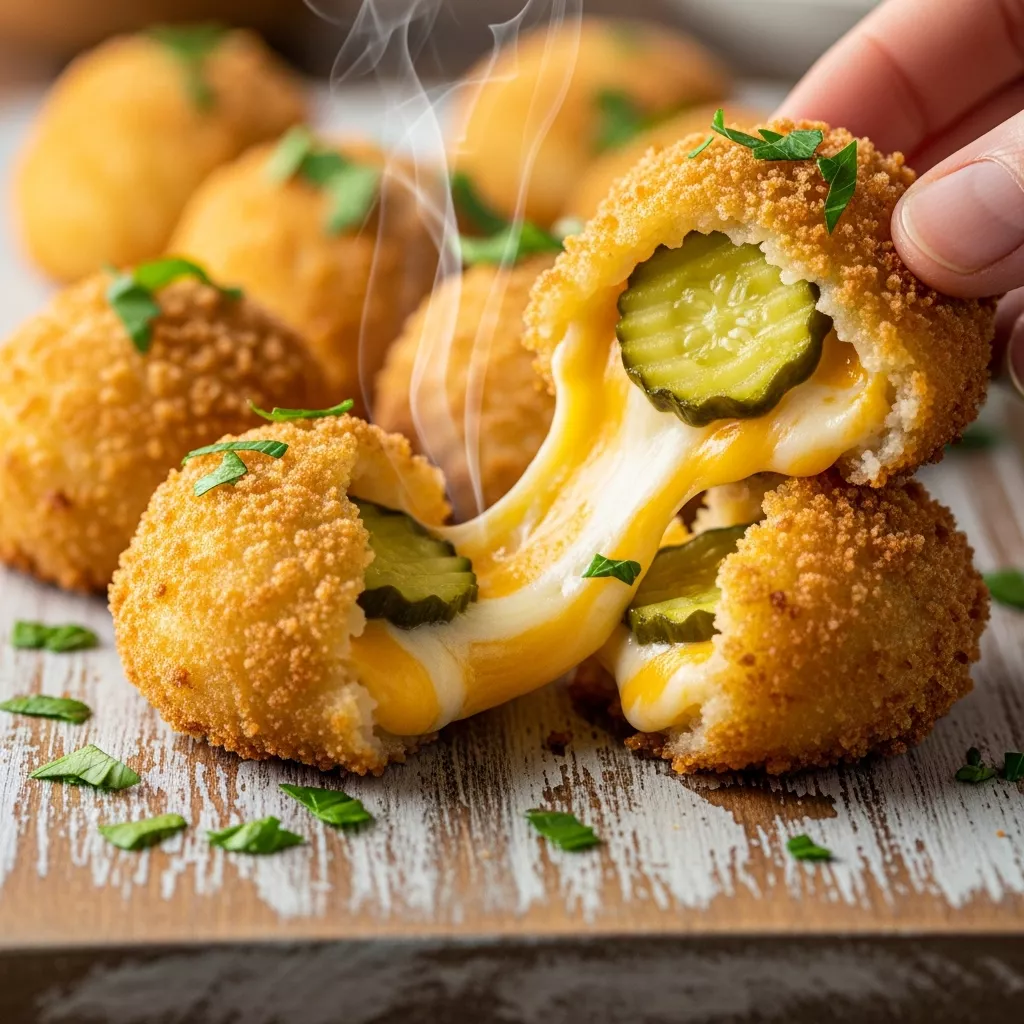 Macro close-up of golden brown Zesty Crispy Pickle Cheese Bites on a wooden board, with melted cheese stretching and fresh parsley garnish.