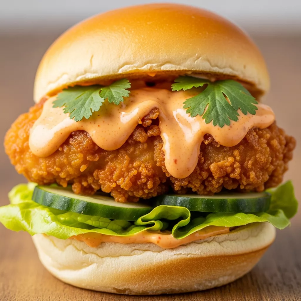 Macro close-up of a Fiery Bang Bang Chicken Slider with crispy chicken, creamy spicy sauce, lettuce, and cucumber on a rustic surface.