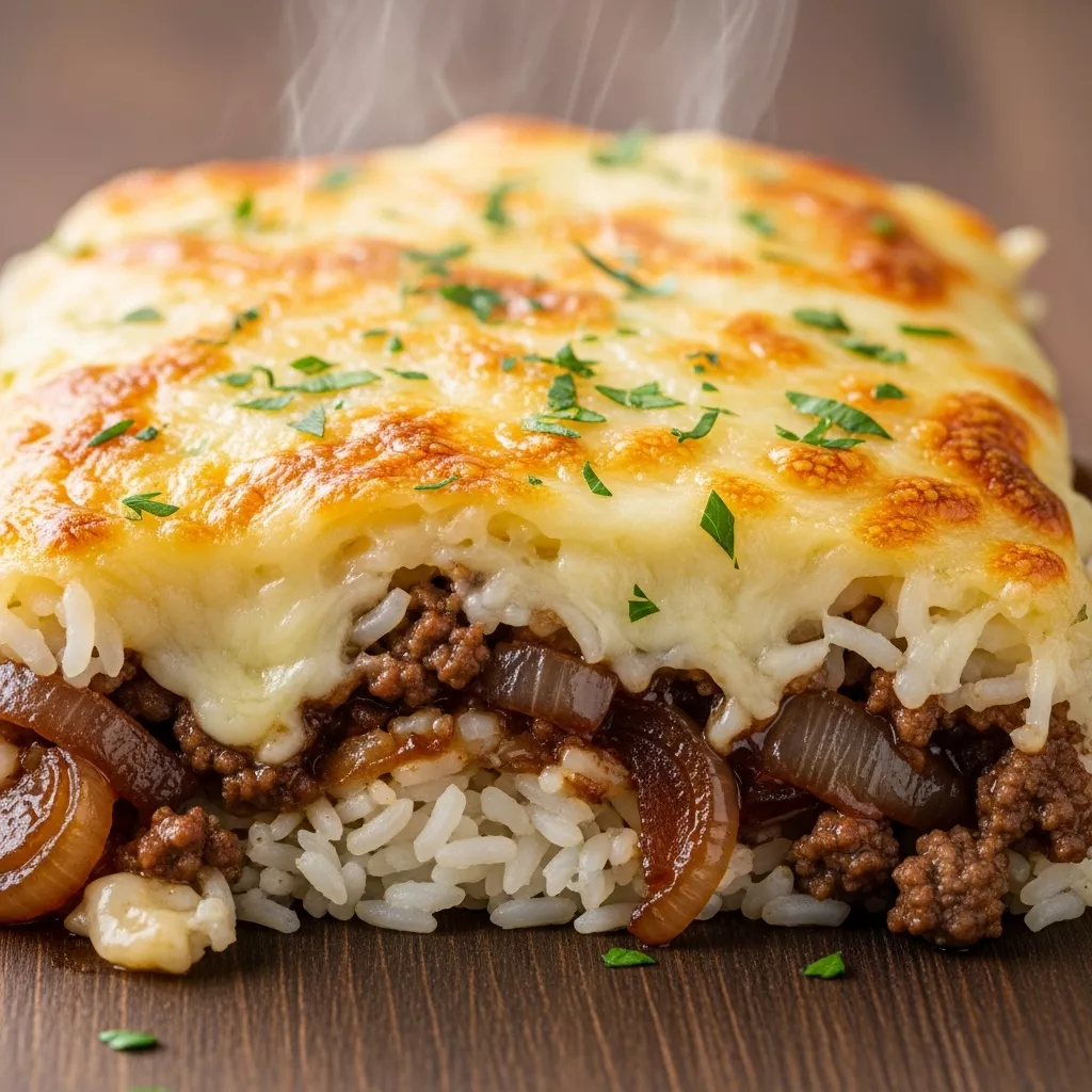 Macro close-up of Savory French Onion Beef & Rice Bake casserole with melted, bubbly Gruyere cheese, savory ground beef, fluffy rice, and rich caramelized onions.