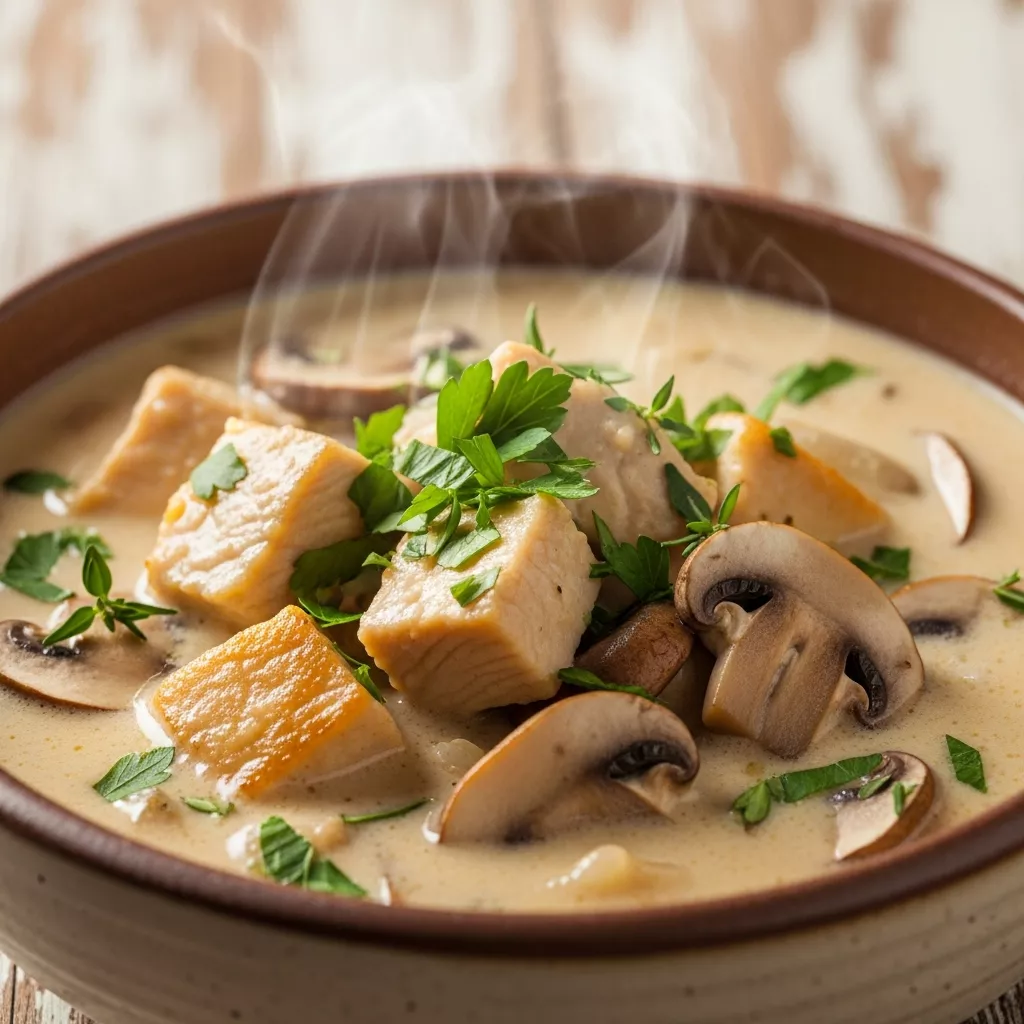 Macro close-up of Velvety Boursin Chicken Mushroom Soup in a rustic bowl, garnished with fresh parsley and thyme, showing creamy texture and chicken pieces.