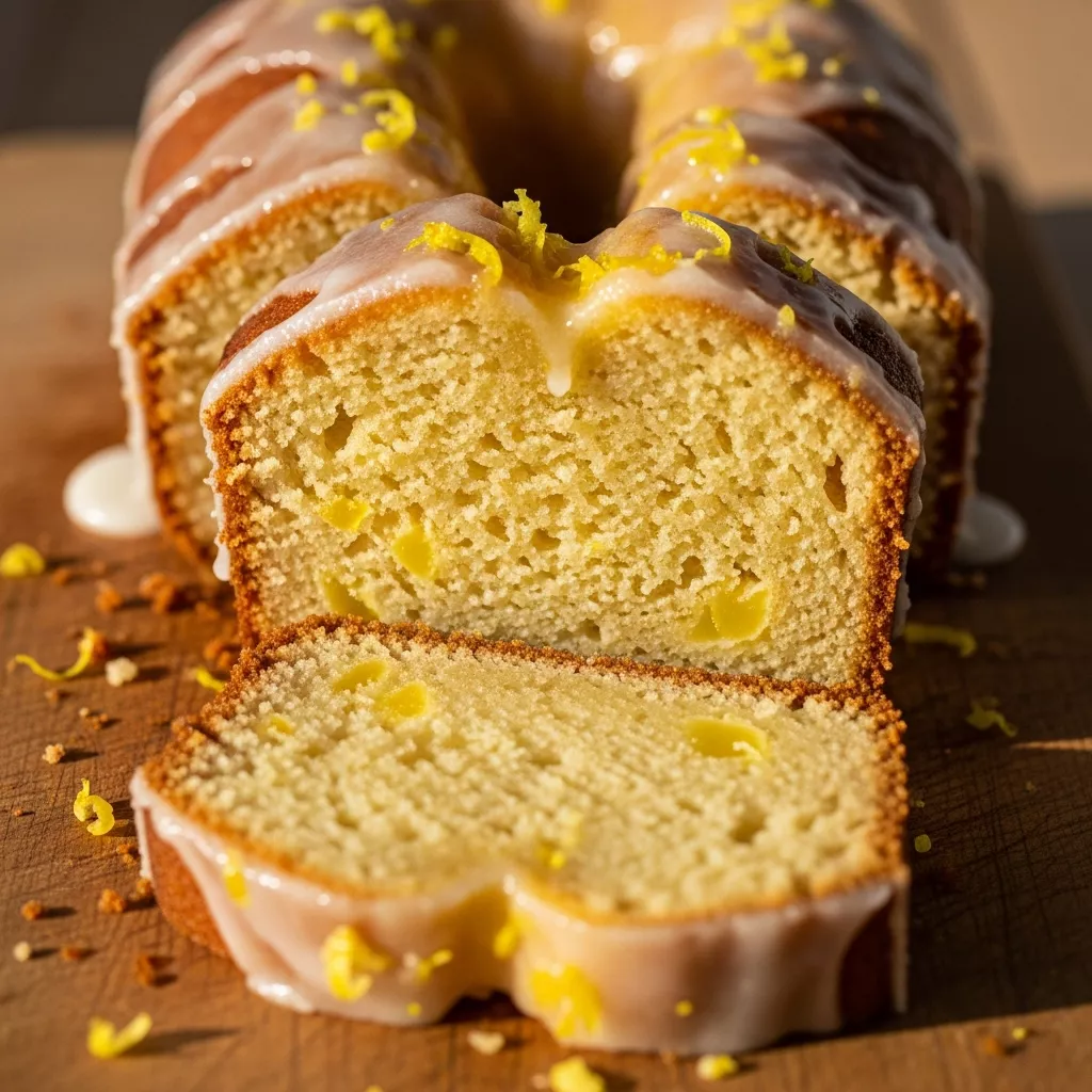 Macro close-up of a slice of Sunshine Zest Authentic Italian Lemon Pound Cake with glaze, showing moist crumb and lemon zest.