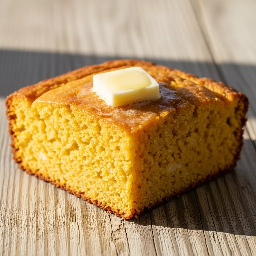Close-up of a golden-brown slice of Speedy Sweet Potato Cornbread with melting butter on a rustic wooden surface.