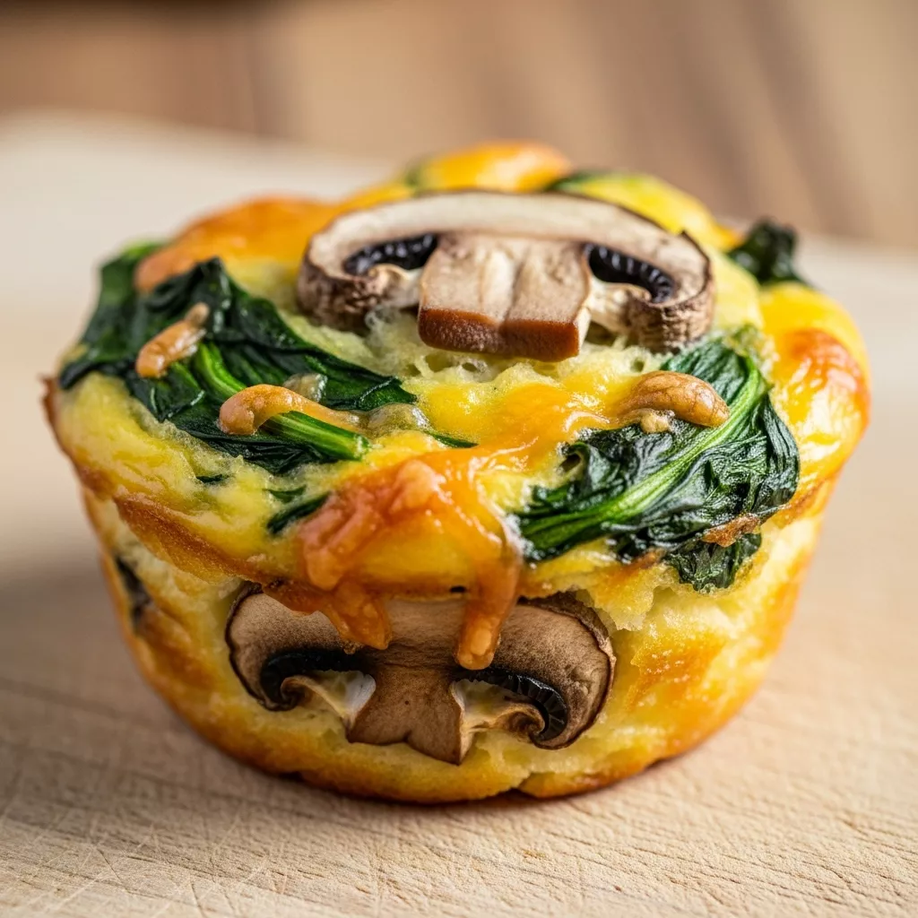 Macro close-up of a fluffy spinach mushroom quiche muffin on a rustic board, ready for a healthy grab-and-go breakfast.