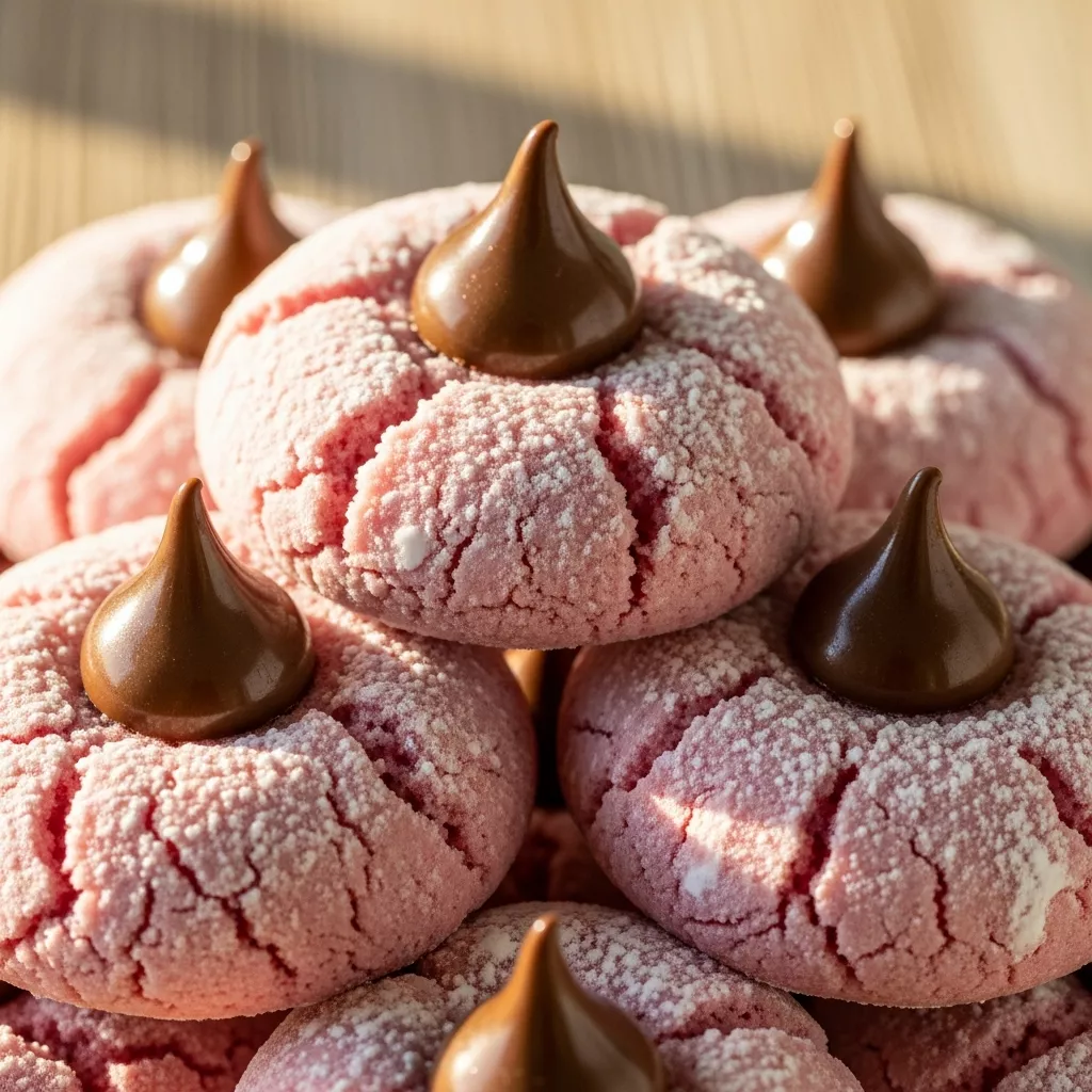 Close-up of soft pink Blushing Berry Kiss Cookies dusted with powdered sugar and topped with a melted chocolate kiss.
