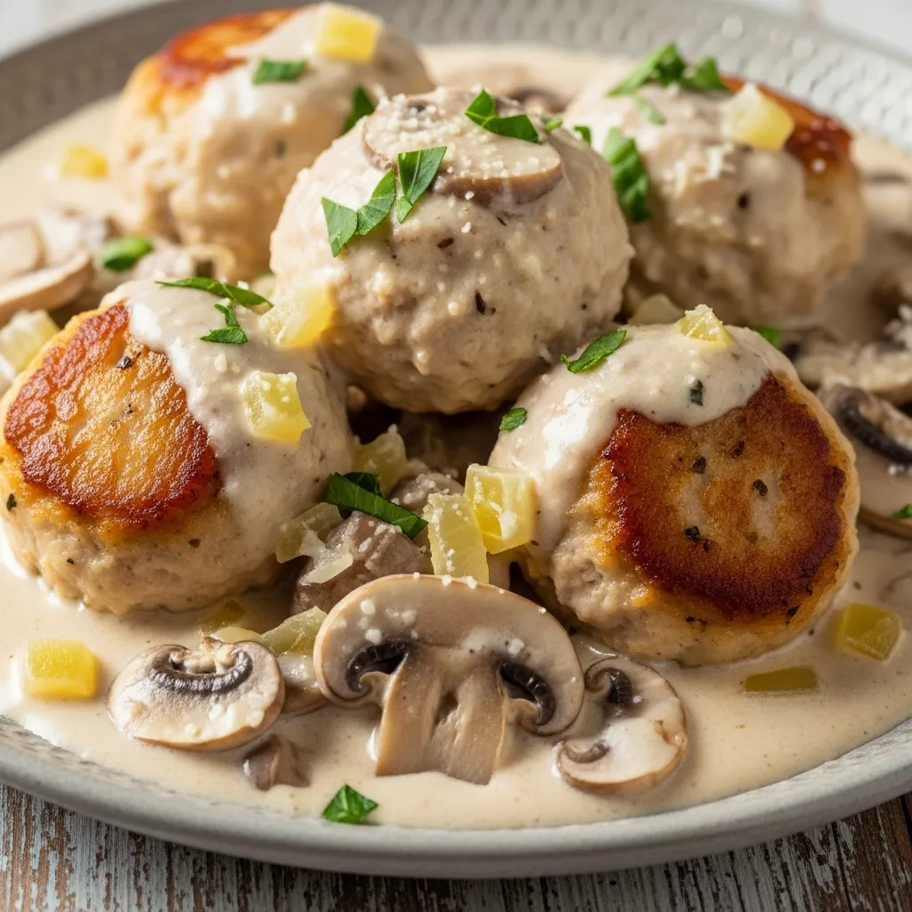 Macro close-up of golden-brown chicken meatballs in a rich, creamy mushroom sauce, garnished with fresh parsley and Parmesan.