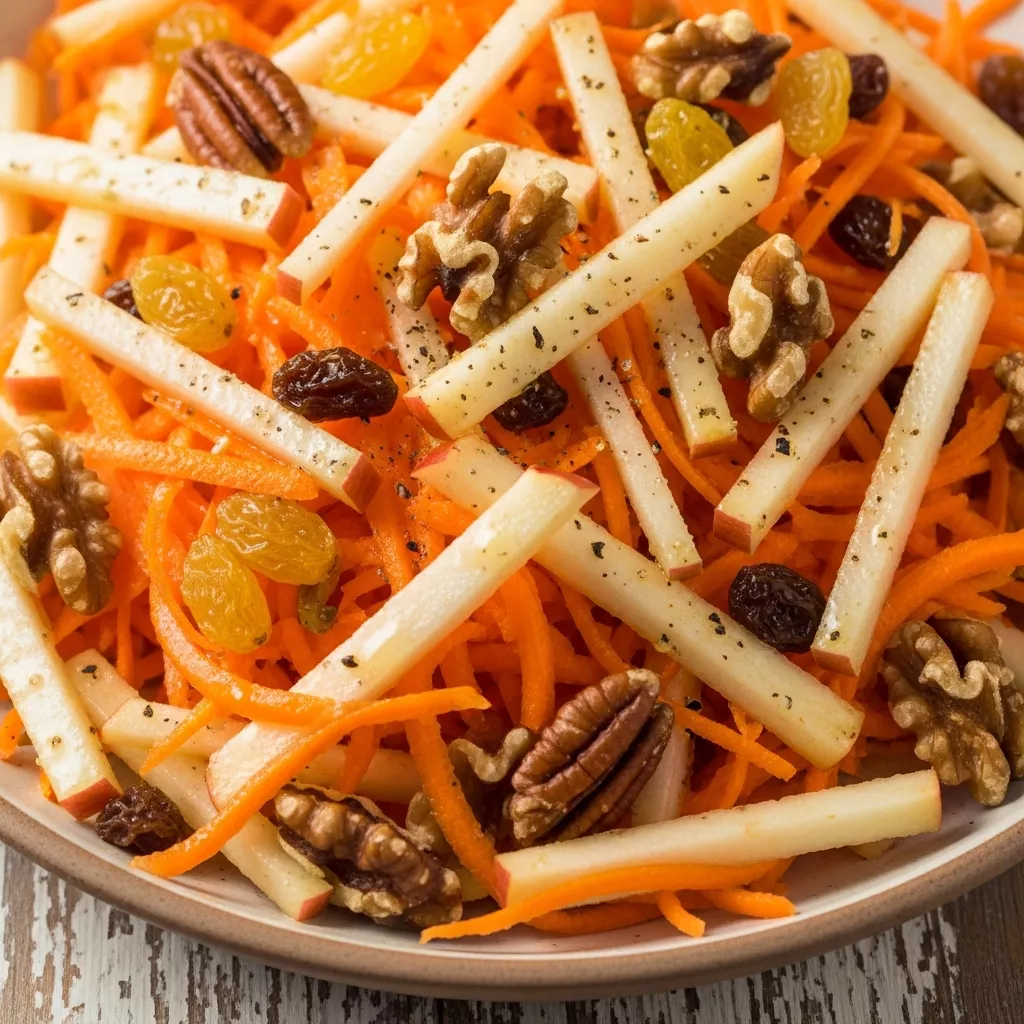 Macro close-up of Zesty Apple Carrot Crunch Salad with julienned apples, grated carrots, raisins, and walnuts, coated in a bright citrus dressing.