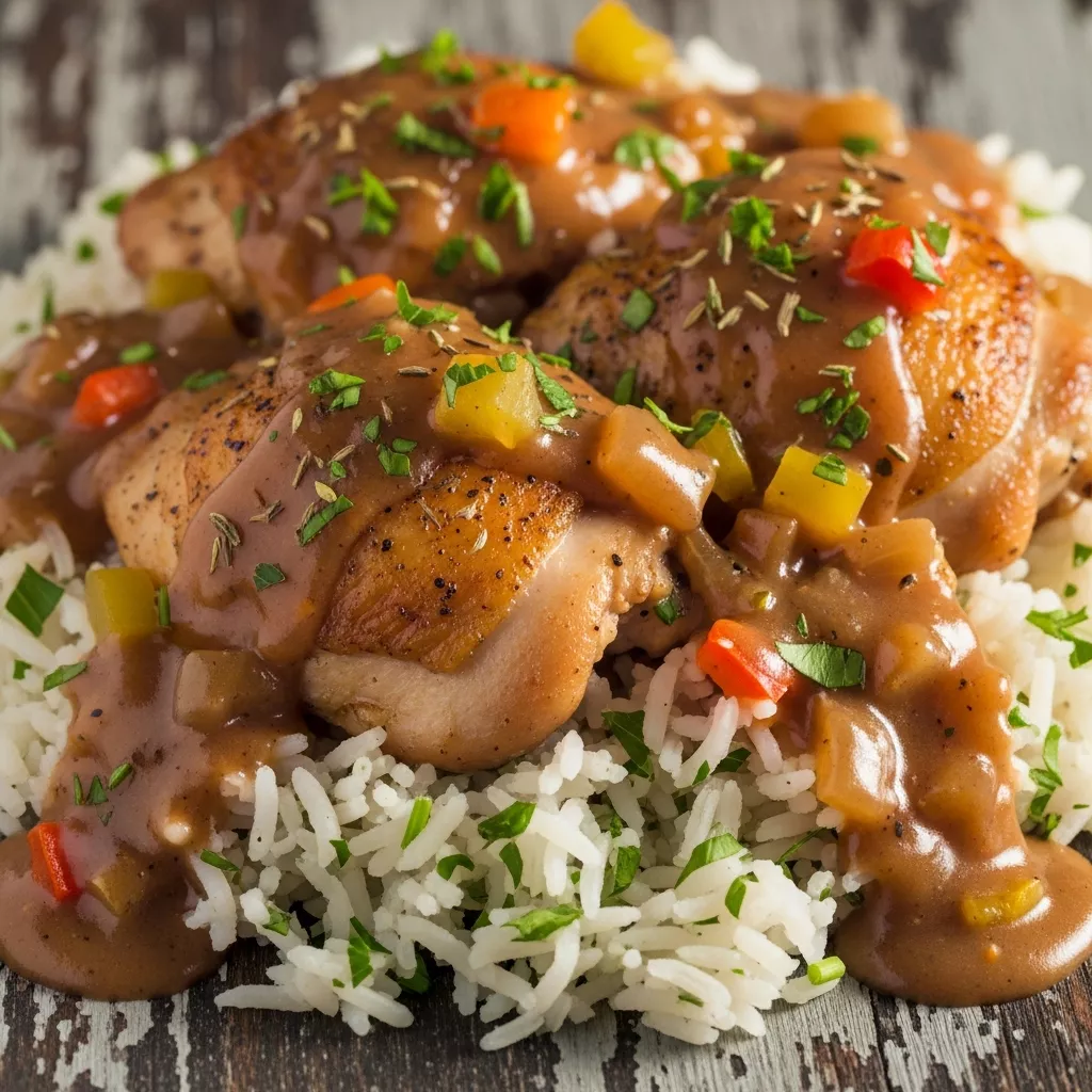 Close-up of Ultimate Comfort Smothered Chicken and Herb-Infused Rice, rich gravy, and fresh parsley garnish