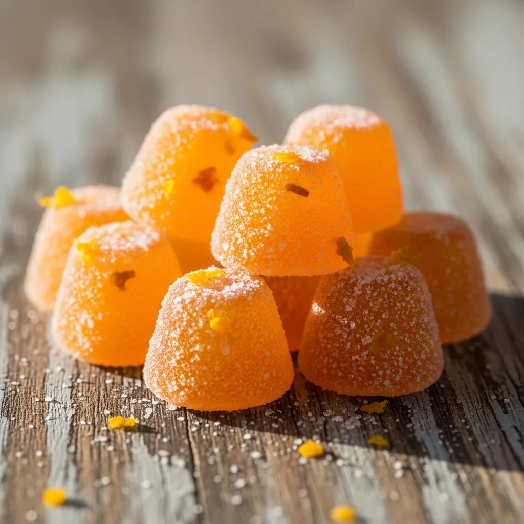 Macro close-up of glistening, translucent Sparkling Zesty Orange Chew Drops dusted with powdered sugar on a rustic wooden surface, highlighting the vibrant orange color and zesty texture.