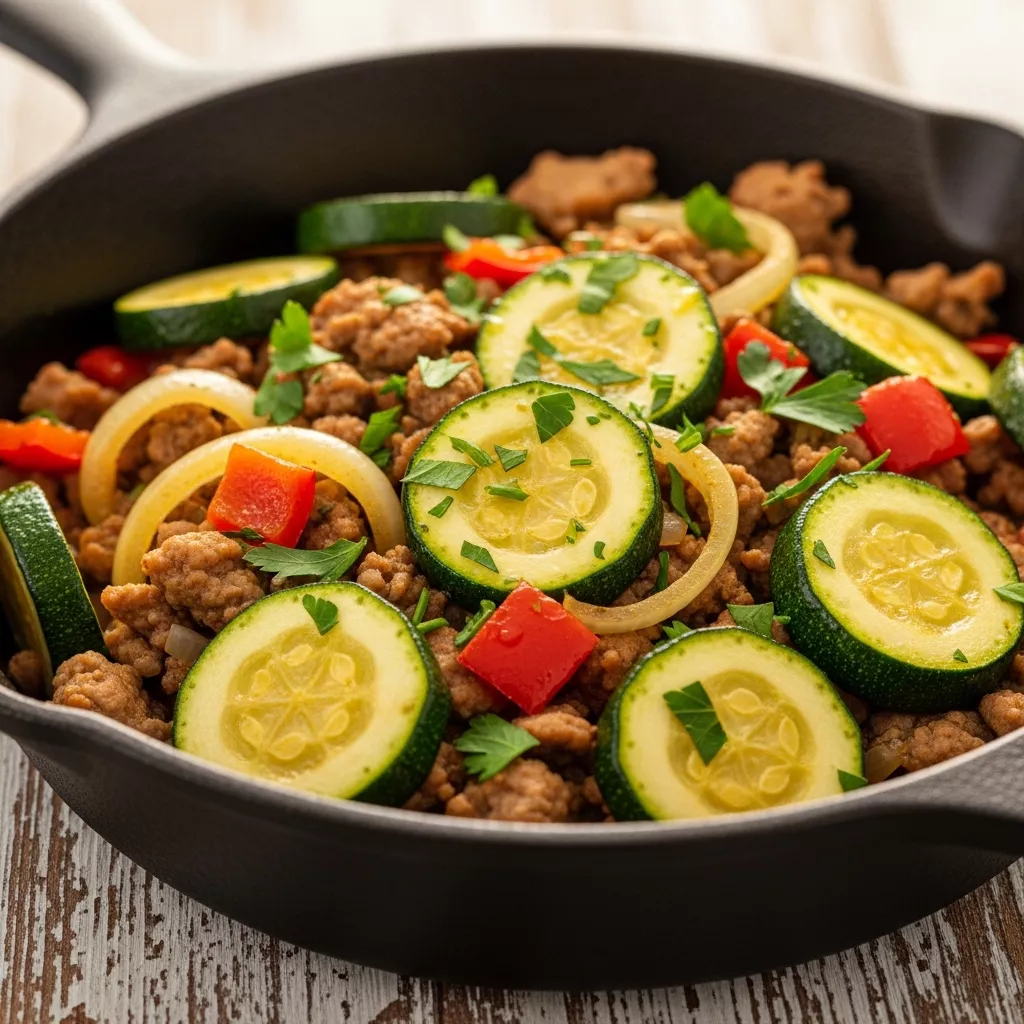 Close-up of a Zesty Lemon-Herb Ground Turkey and Zucchini Skillet, garnished with fresh parsley, in a cast iron pan.