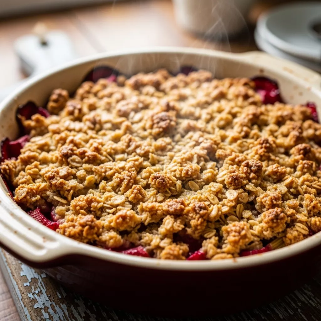 A close-up of The Golden Crown Rhubarb Crisp with a golden oat topping and ruby-red rhubarb filling, steaming gently.
