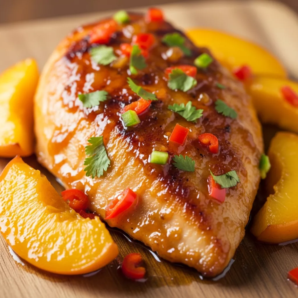 Macro close-up of Zesty Jalapeño Peach Glazed Chicken with peaches and cilantro on a rustic board.