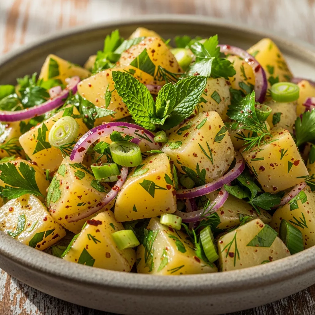 Close-up of vibrant Turkish potato salad with fresh herbs, lemon, and sumac in a rustic bowl on a wooden table.