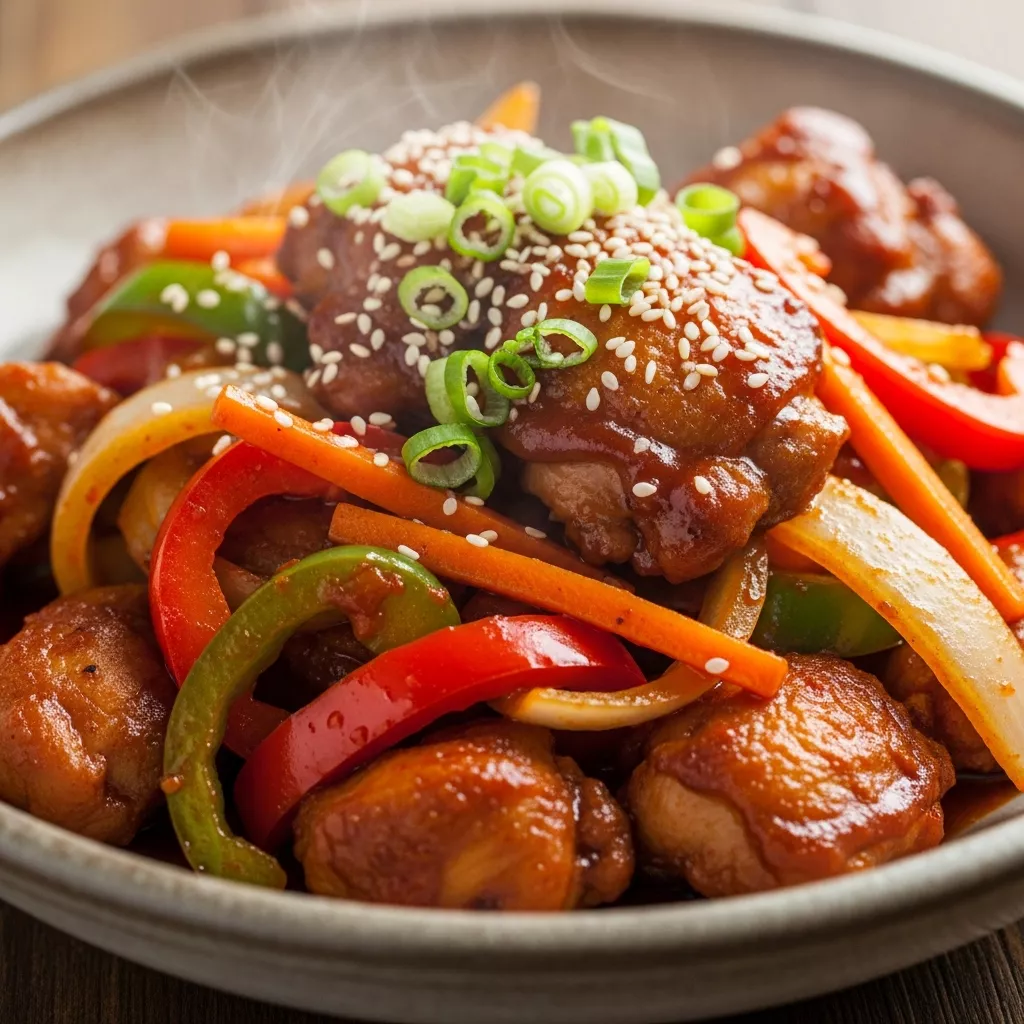 Macro close-up of a vibrant Seoul's Fiery Gochujang Chicken & Veggie Stir-Fry in a rustic bowl, garnished with sesame seeds and green onions.