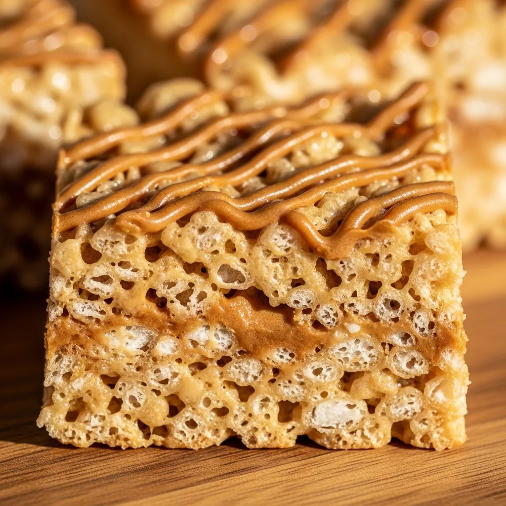 Macro close-up of a perfectly cut Biscoff Rice Krispies Treat square with a Biscoff drizzle.