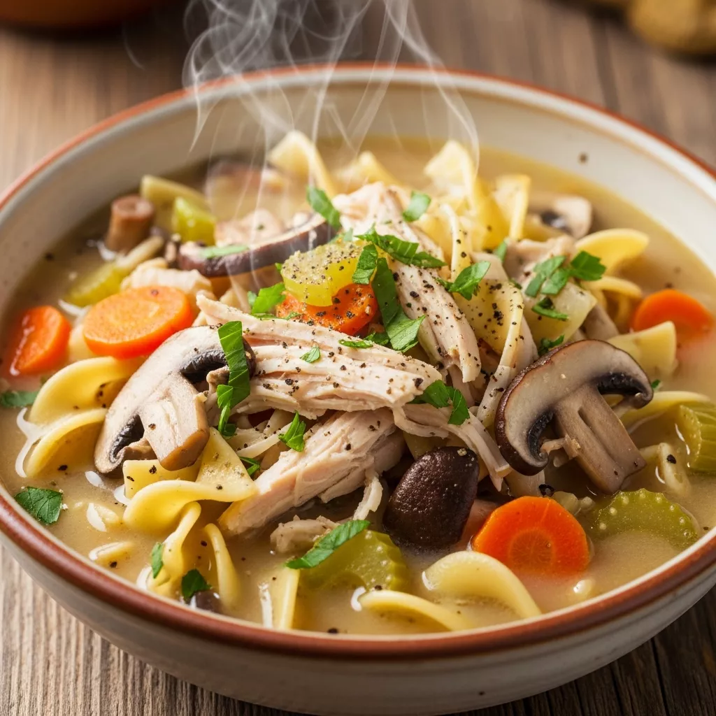 Macro close-up of creamy Rotisserie Chicken and Wild Mushroom Soup in a rustic bowl, garnished with parsley and pepper, with steam rising.