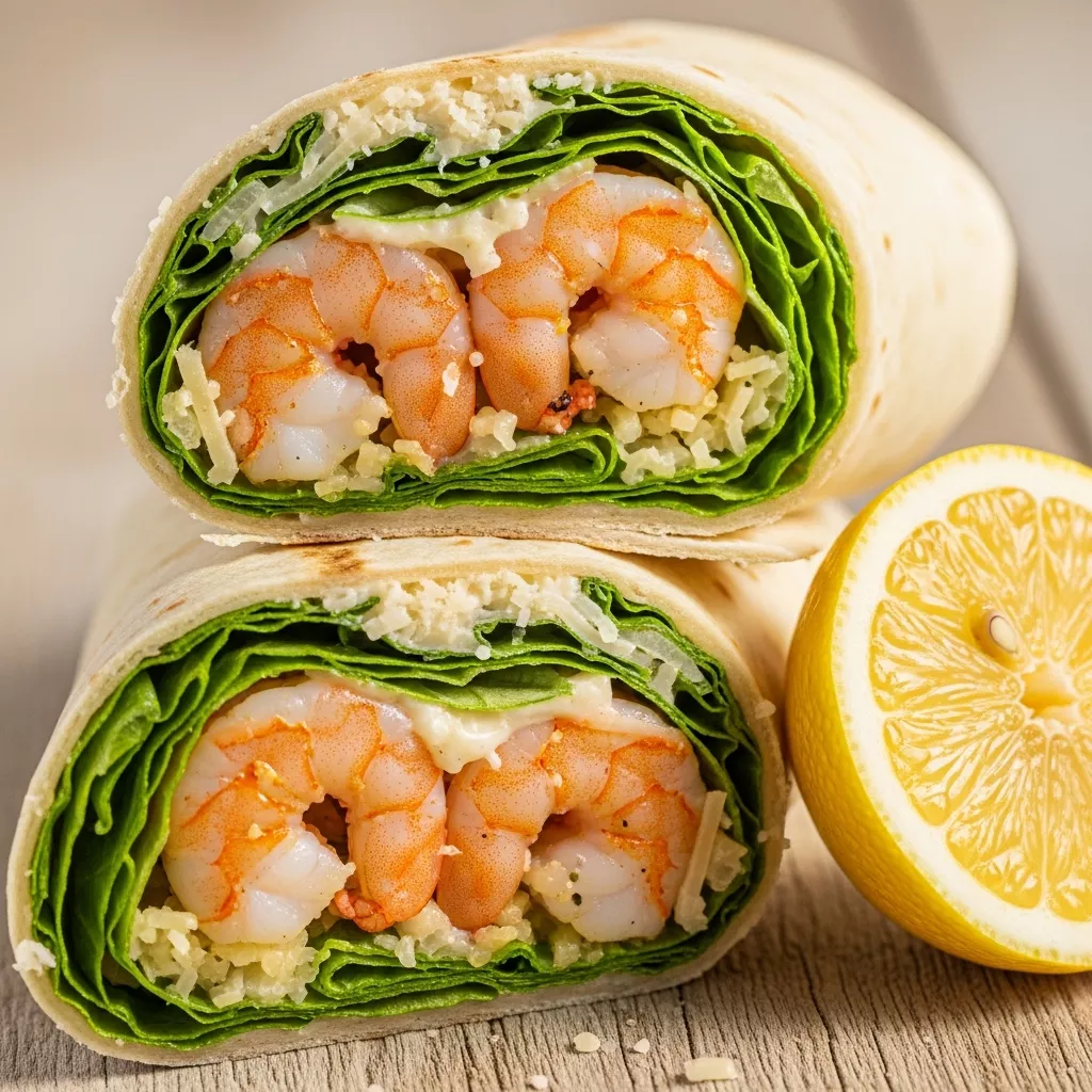 Close-up of a vibrant Speedy Zesty Grilled Shrimp Caesar Wrap, cut in half, revealing juicy lemon-garlic shrimp, crisp romaine, and creamy Caesar dressing inside a soft tortilla, garnished with a lemon wedge on a rustic wooden surface.