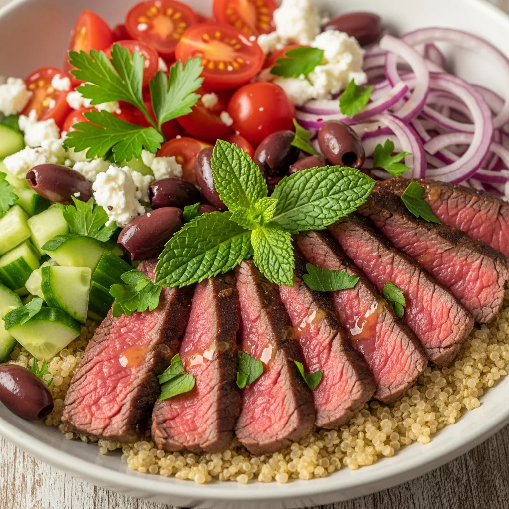 A vibrant Sun-Kissed Mediterranean Steak & Quinoa Bowl with seared sirloin, fresh vegetables, and lemon-herb vinaigrette.