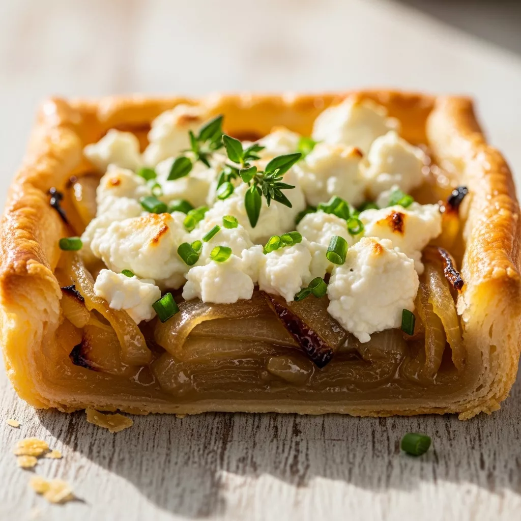 Close-up of a golden caramelized onion and goat cheese tart slice, garnished with fresh thyme on a rustic wooden board.