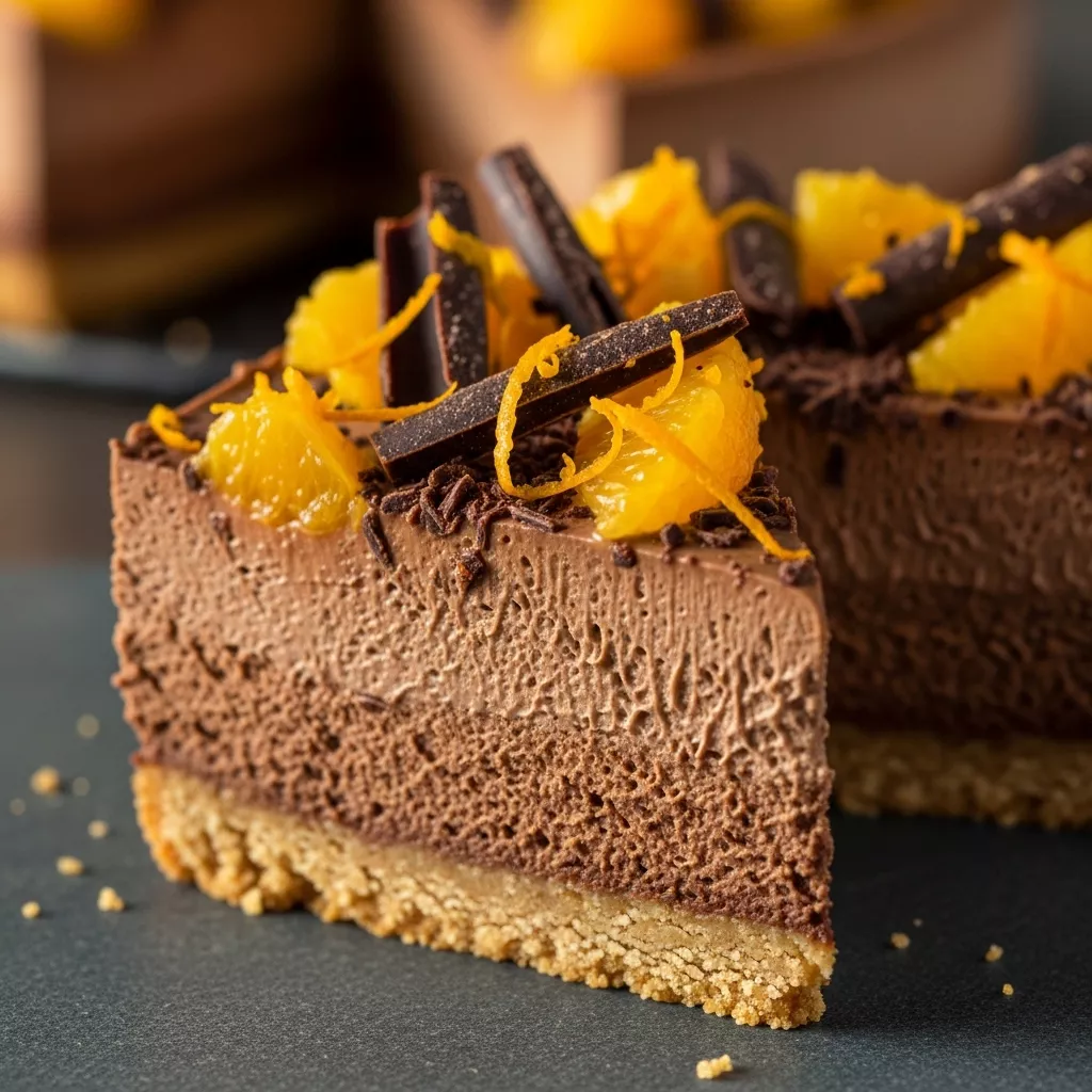 Macro close-up of a slice of Velvety No-Bake Chocolate Orange Cheesecake Dream, garnished with dark chocolate shavings and fresh orange segments.