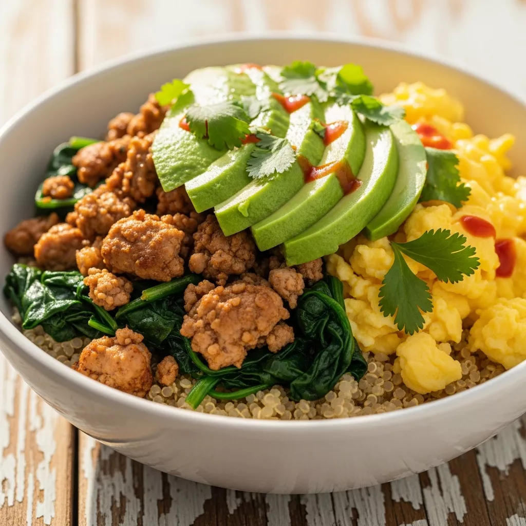 Wholesome Savory Sunrise Breakfast Bowl with scrambled eggs, turkey, spinach, avocado, and quinoa