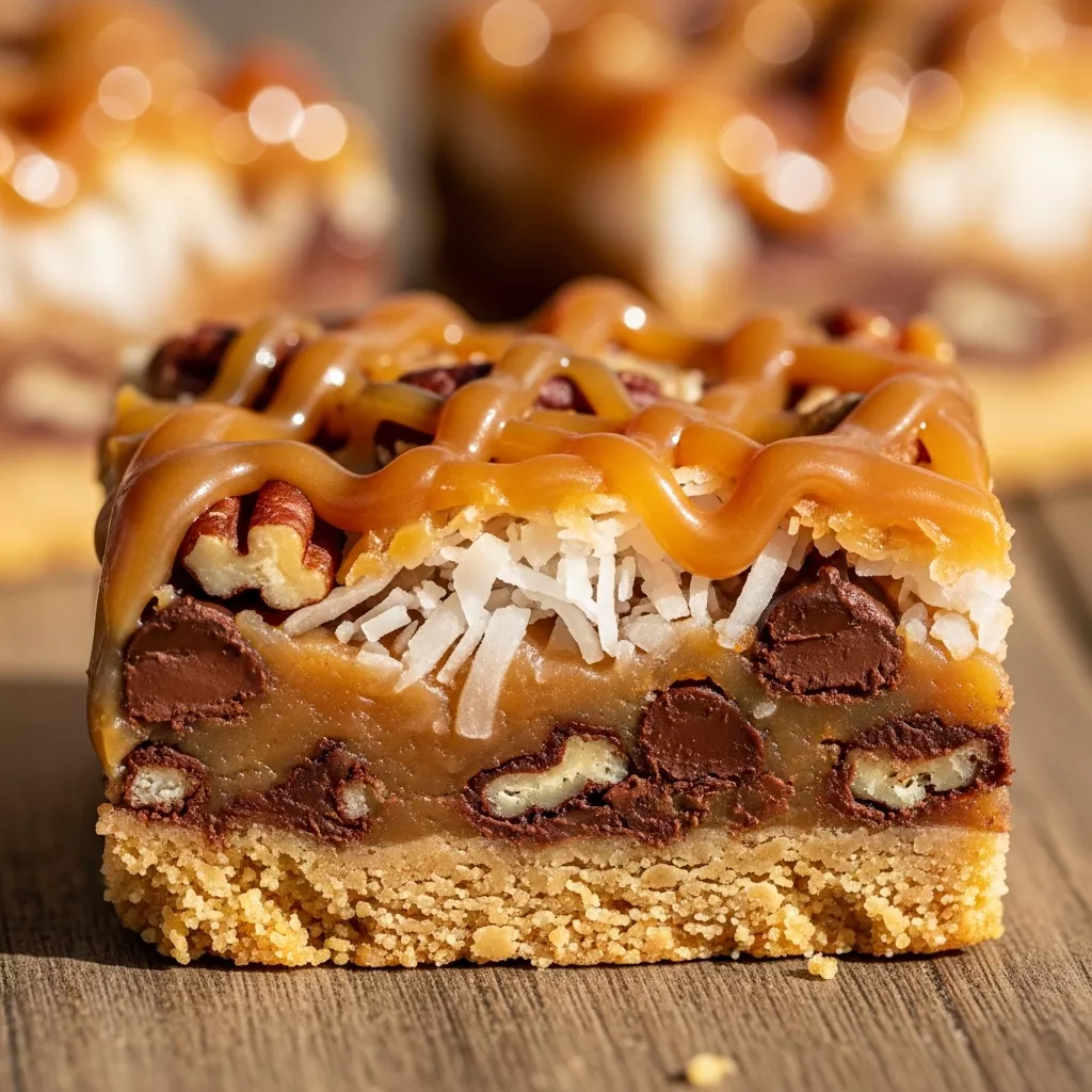 Macro close-up of a single Irresistible Caramel Coconut Dream Bar showcasing gooey caramel, chocolate chips, and coconut layers