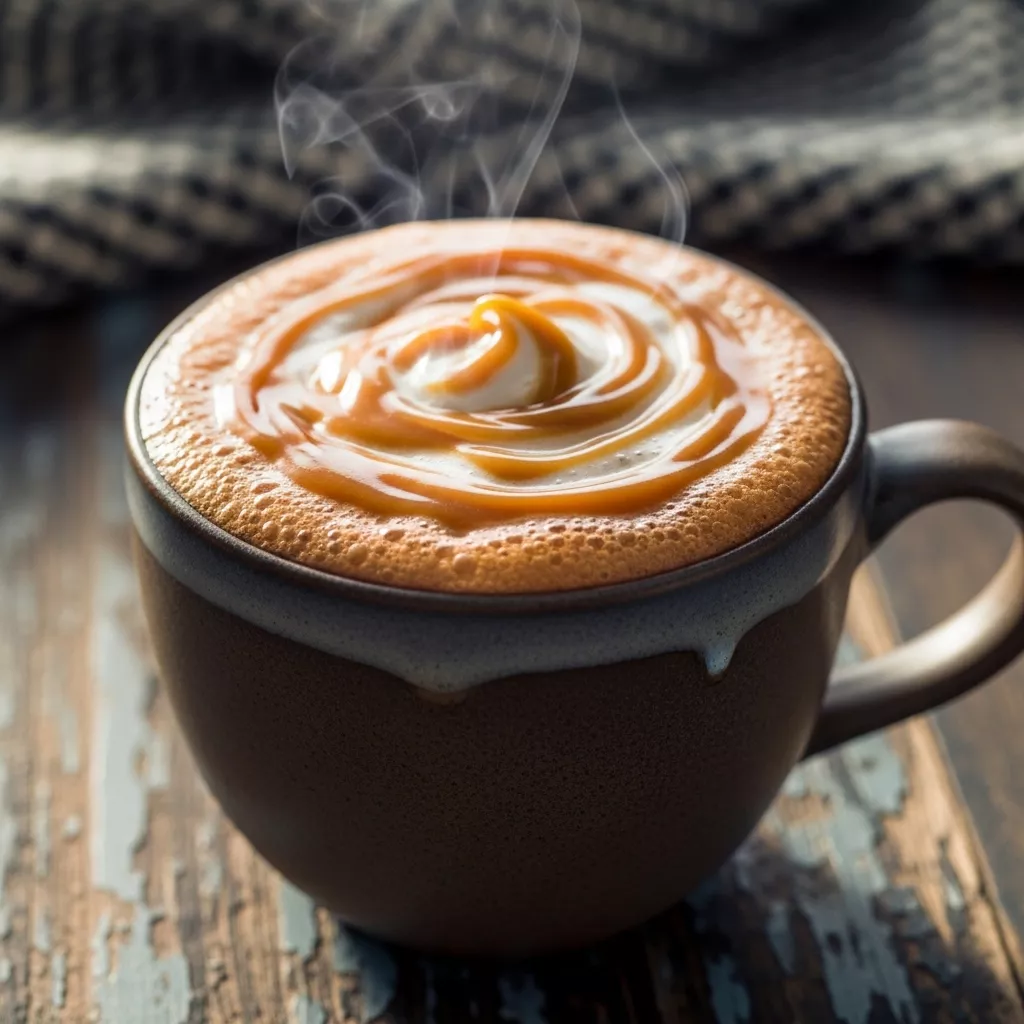 Enchanted Butterbeer Hot Chocolate with frothy butterscotch-caramel cream in a rustic mug.
