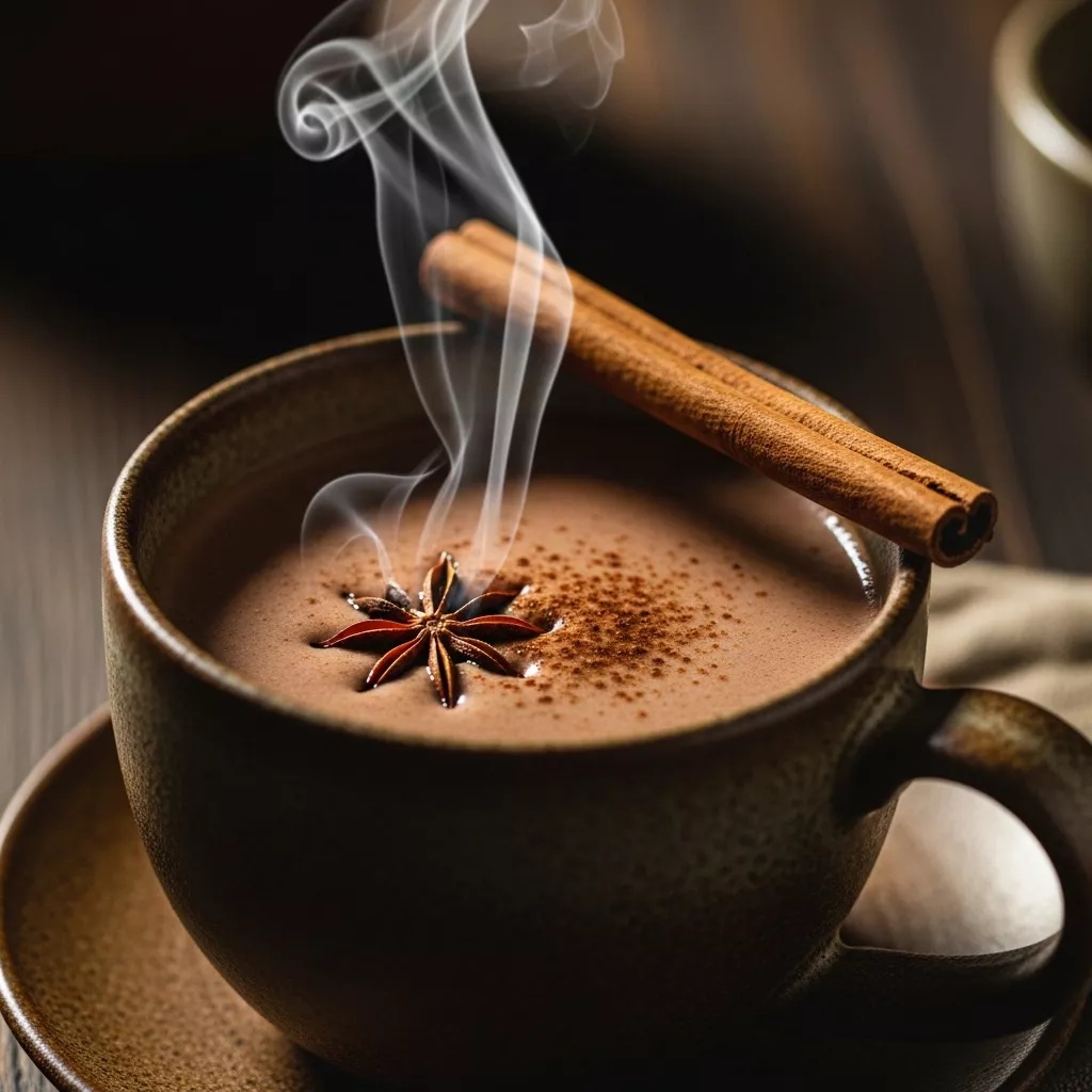 Macro close-up of a steaming mug of Soothing Spiced Anti-Inflammatory Hot Cocoa Elixir garnished with cinnamon stick and star anise on a rustic wooden table.