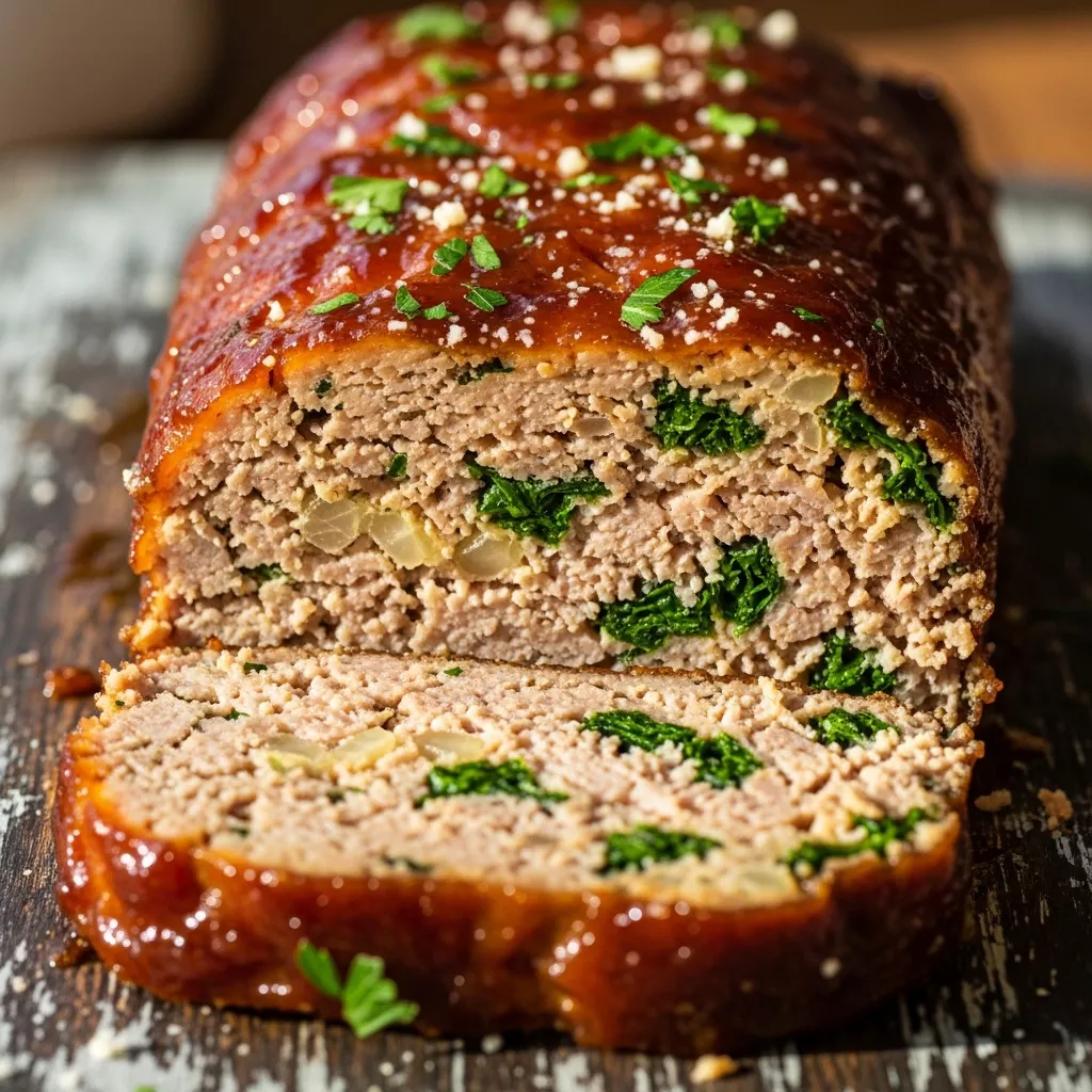 Macro close-up of Ultimate Umami Chicken Loaf slice with caramelized glaze and tender interior on a rustic wood board.