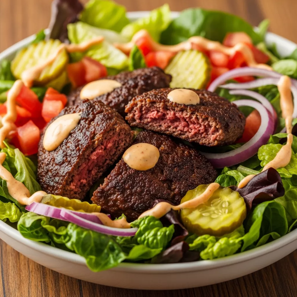 A close-up of a vibrant Ultimate Crispy Smash Burger Bowl featuring crispy smash burger patties, fresh greens, diced tomatoes, red onions, dill pickles, and a zesty secret sauce on a rustic wooden table.