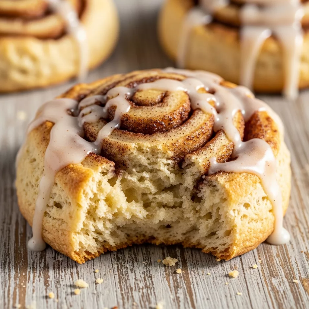 Macro close-up of a warm, freshly baked Fluffy Cinnamon Swirl Scone with a visible cinnamon swirl and rich vanilla glaze, on a rustic wooden board.