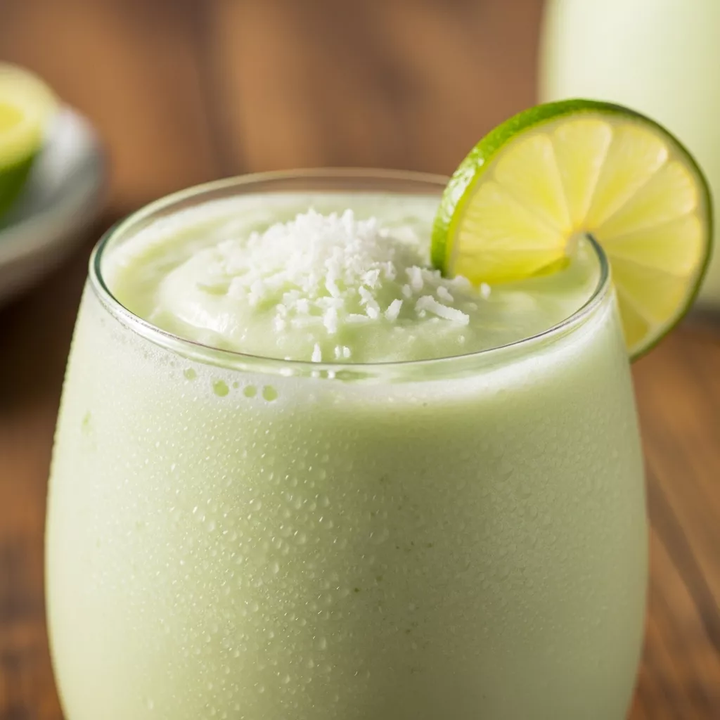 Macro close-up of a frothy, creamy Dreamy Velvet Colombian Coconut Limeade in a glass with lime and shredded coconut garnish.