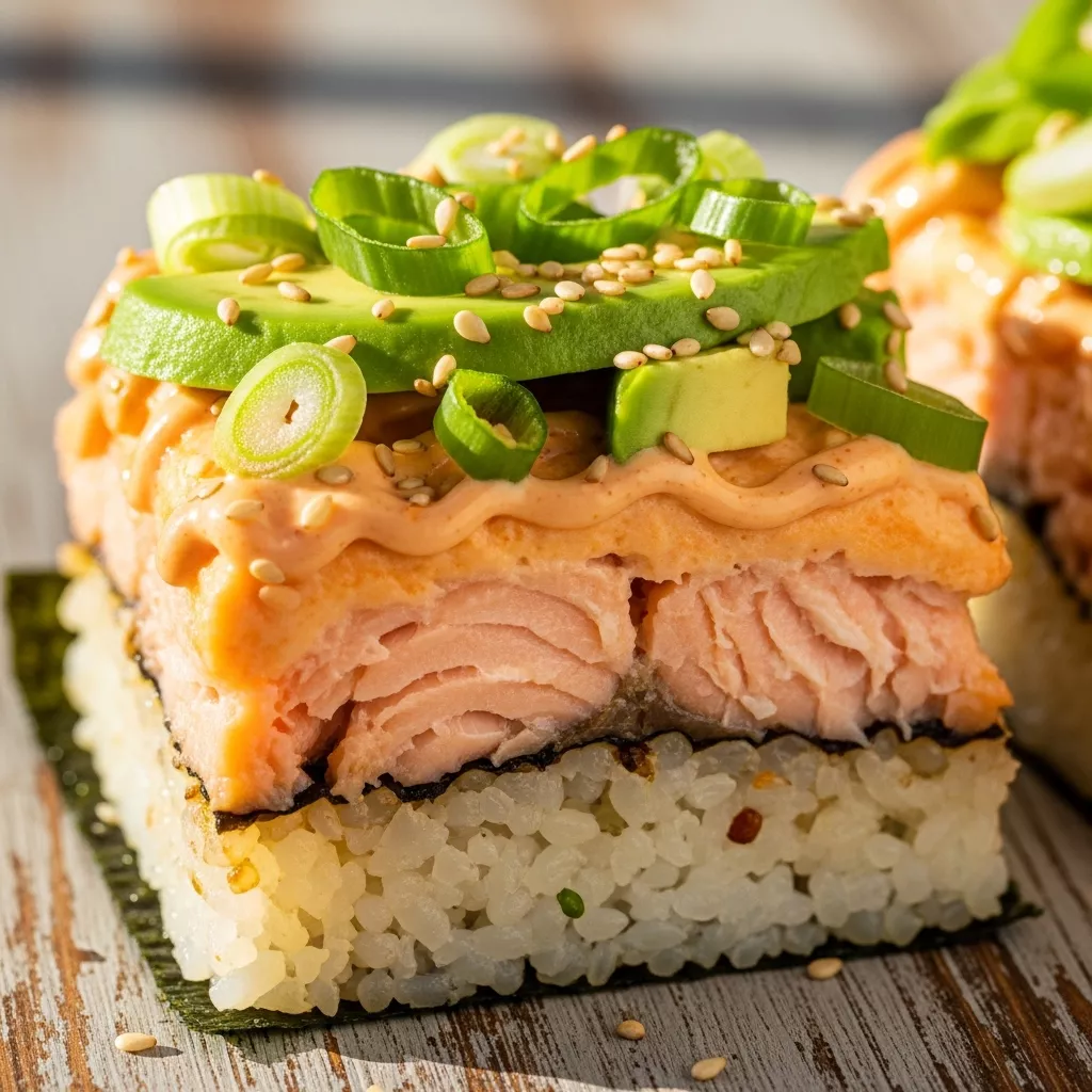 Macro close-up of Creamy Spicy Salmon Sushi Bake with avocado, green onions, and sesame seeds on a rustic wooden table