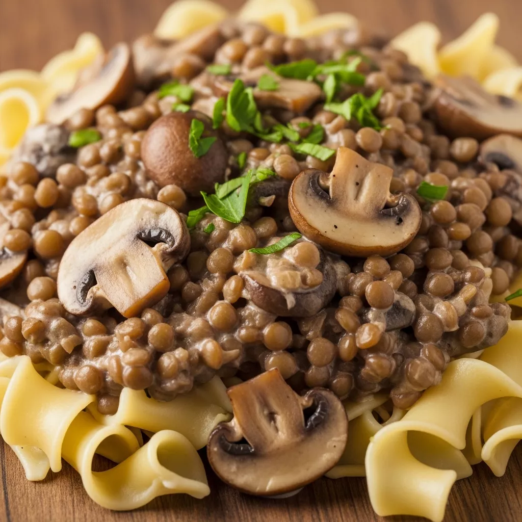 Macro close-up of Hearty Creamy Lentil Mushroom Stroganoff with fresh parsley over wide egg noodles.