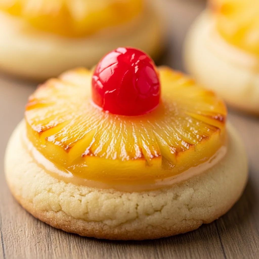Macro close-up of a Golden Glazed Mini Pineapple Paradise Cookie, showcasing its glistening caramelized pineapple top, ruby-red maraschino cherry, and tender sugar cookie base on a rustic wooden surface.