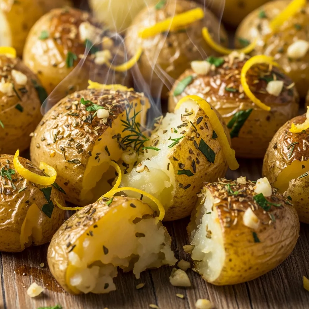 Close-up of crispy Greek lemon and herb roasted potatoes with visible lemon zest and fresh herbs.