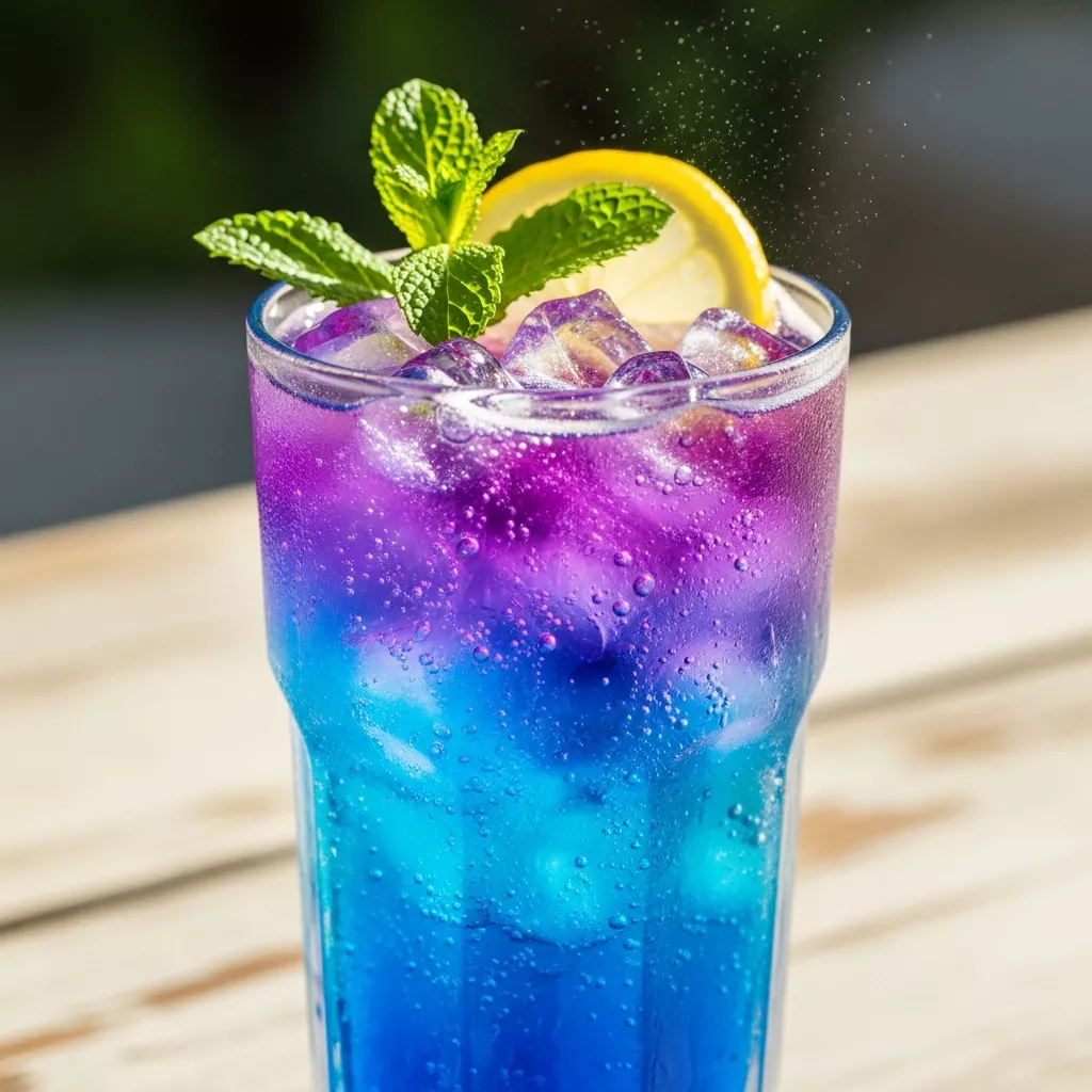 Close-up of a refreshing Tropical Azure Refresher drink with blue, purple, and pink swirls, garnished with mint and lemon, on a rustic table.