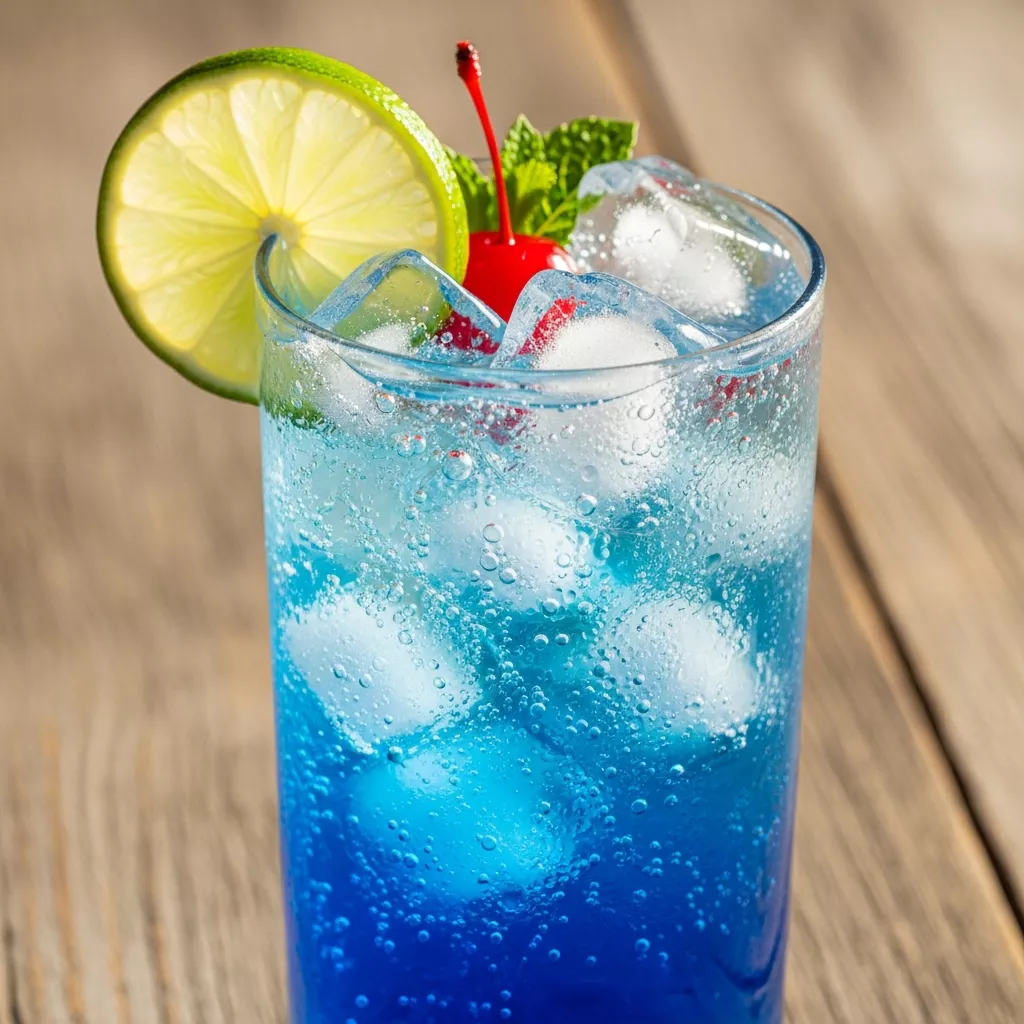Close-up of a vibrant electric blue Sparkling Arctic Oasis Sipper mocktail with lime and cherry garnish