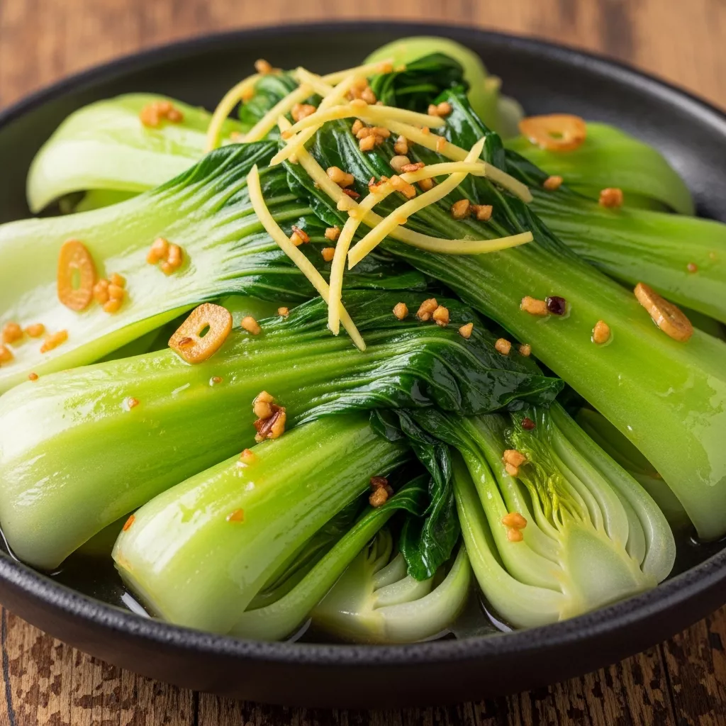 Macro close-up of vibrant ginger-garlic sautéed bok choy in a rustic bowl, showcasing tender-crisp stems and silky leaves.