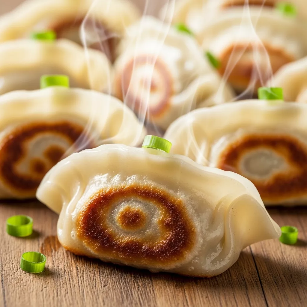 Macro close-up of golden pan-fried cabbage dumplings with crispy bottoms and fresh green onion garnish.