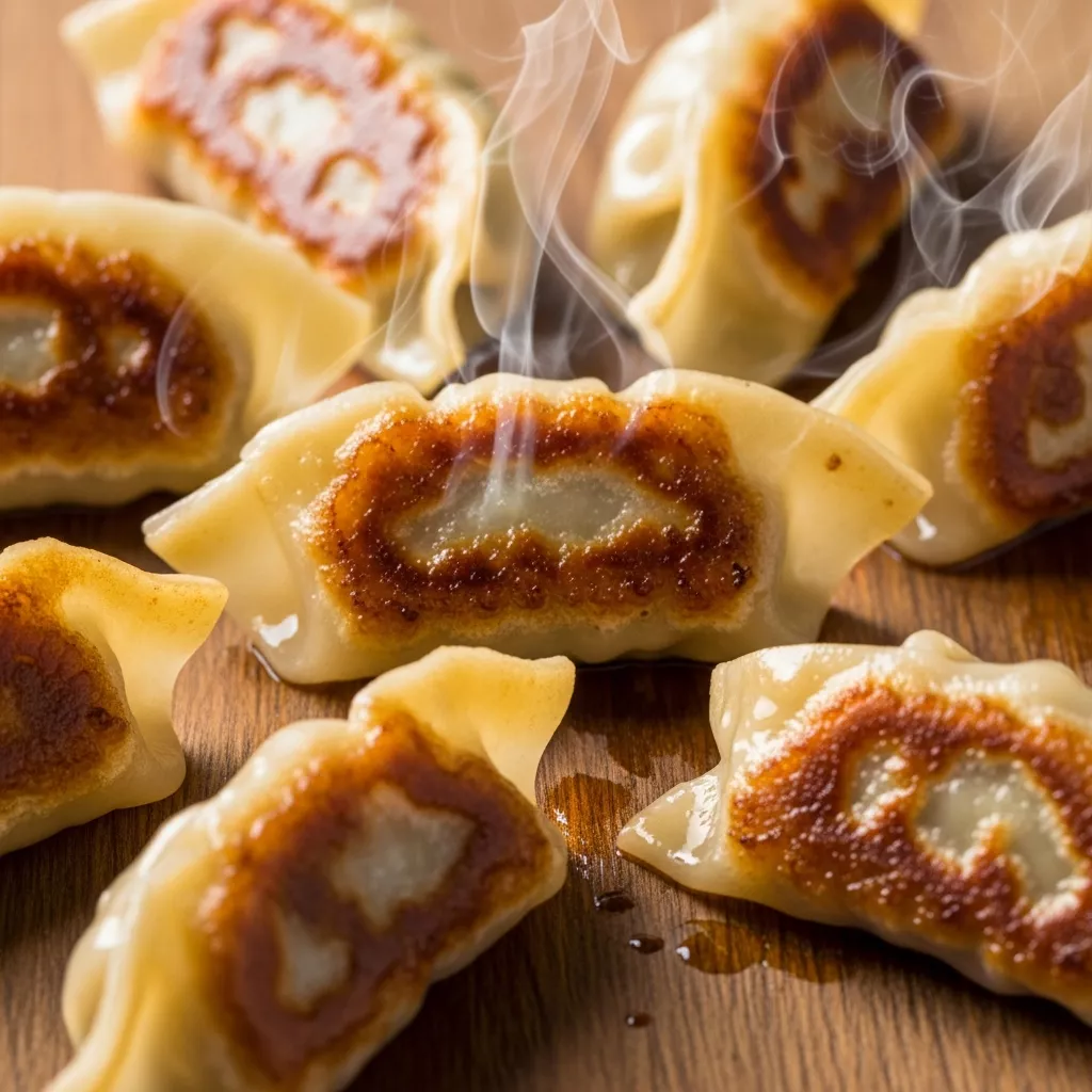 Macro close-up of crispy pan-seared Golden Crunch Cabbage & Savory Beef Dumplings with steam rising.