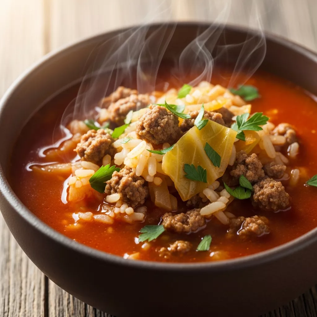 Macro close-up of Hearty One-Pot Golumpki Soup in a rustic bowl, garnished with parsley, on a dark wooden table.
