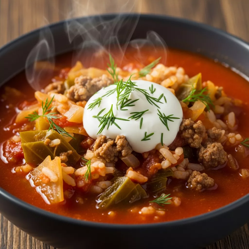 Macro close-up of One-Pot Polish Golombki Soup with tender cabbage, ground beef, rice, tomato broth, sour cream, and fresh dill.