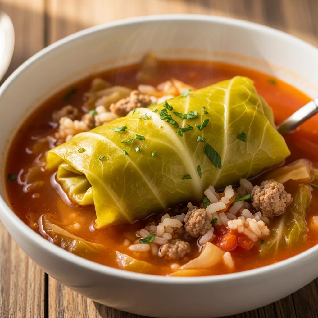 Macro close-up of Cozy One-Pot Cabbage Roll Soup in a rustic bowl, garnished with fresh parsley, highlighting tender beef, cabbage, and rice.