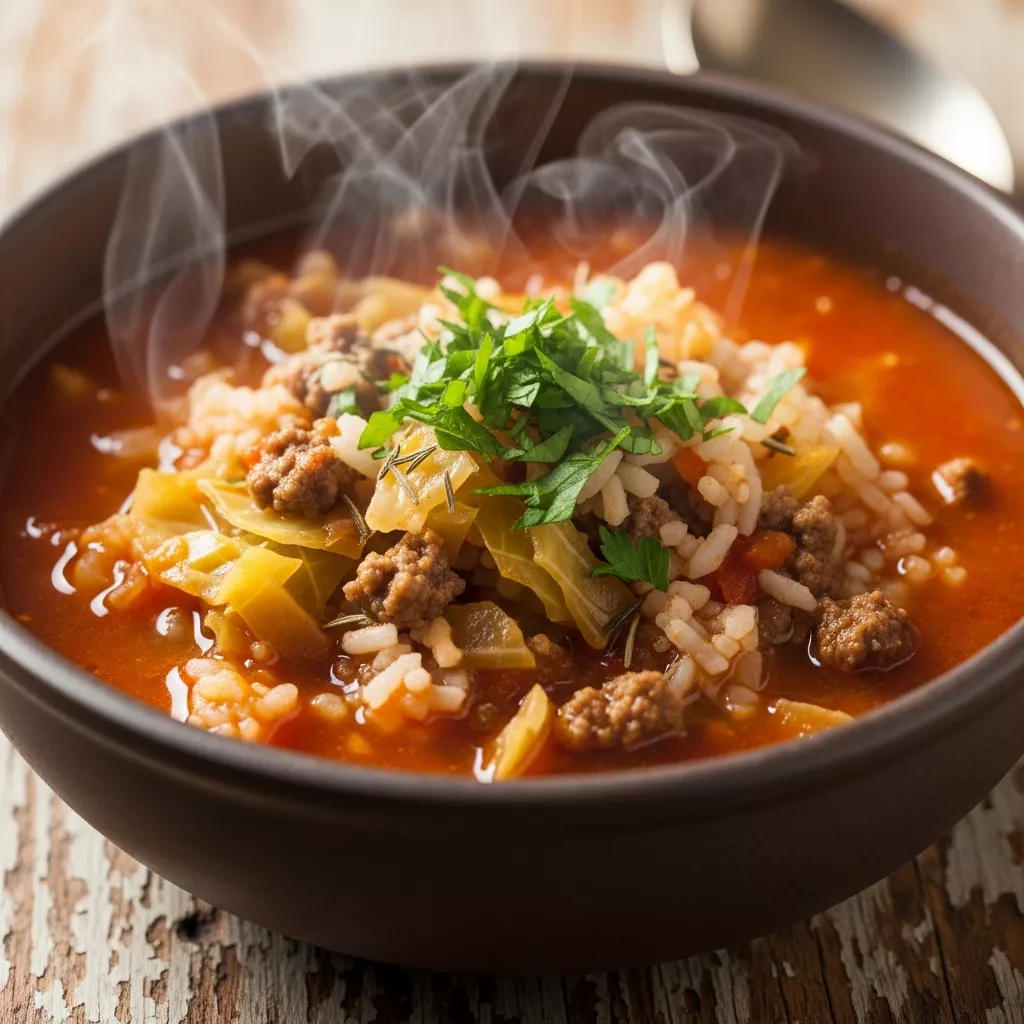 Macro close-up of steaming Soul-Satisfying One-Pot Golompki Soup in a rustic bowl, garnished with fresh parsley.
