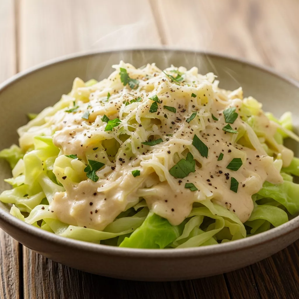 Velvety Creamy Cabbage Alfredo Dream, macro close-up with parsley and Parmesan garnish