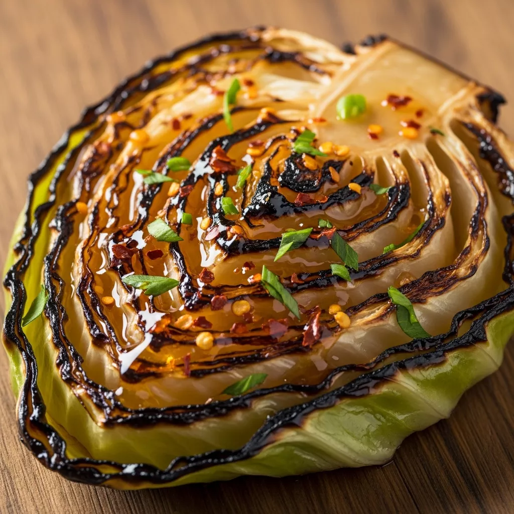 Macro close-up of Sweet & Spicy Blistered Cabbage Steak with hot honey drizzle and charred edges on a rustic wood surface.