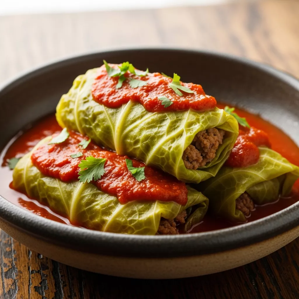 Macro close-up of Authentic Dominican Niños Envueltos, savory stuffed cabbage rolls, drenched in a rich tomato sauce and garnished with fresh cilantro, on a rustic wooden table.